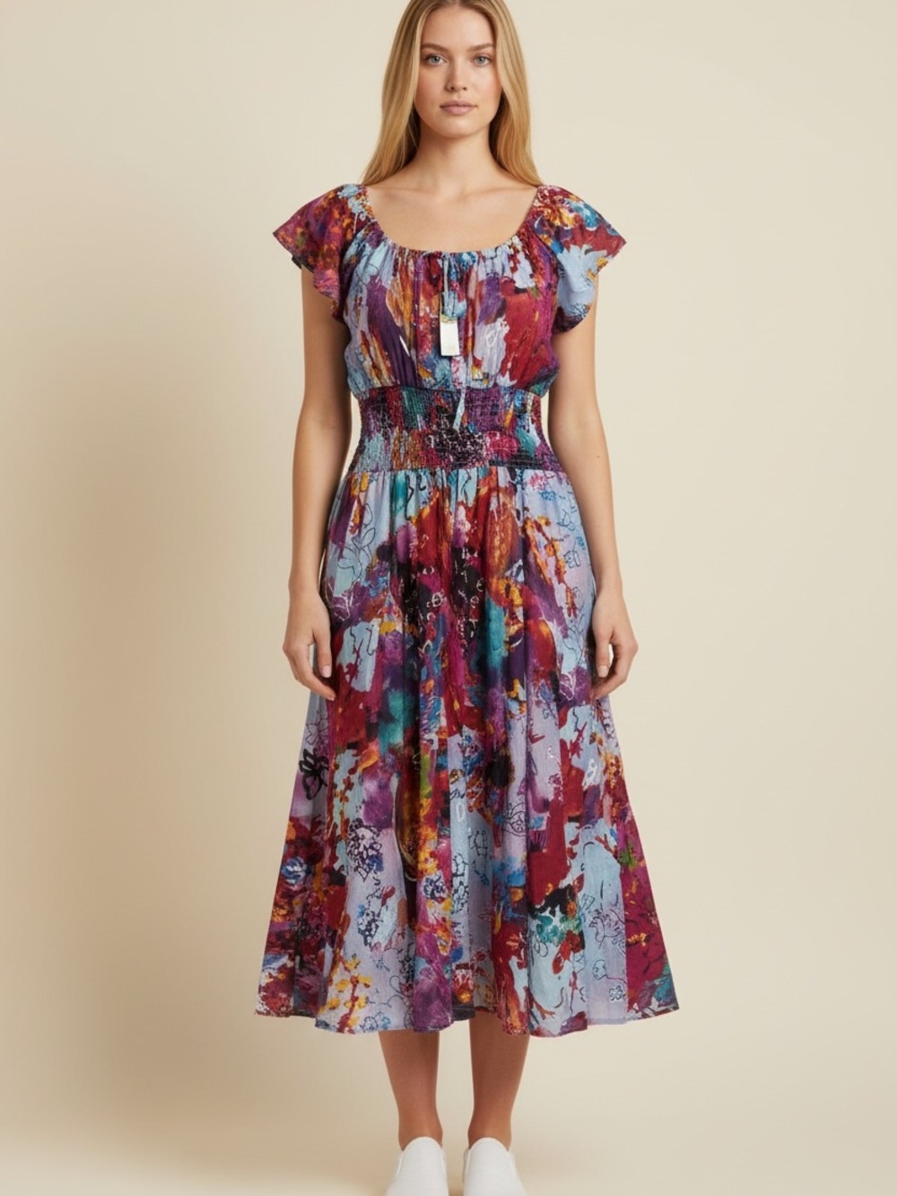 Chelsea & Theodore Multicolor Watercolor Floral Midi Dress